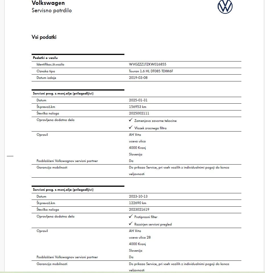 Servisna knjižica - VW Touran - 1,6 TDI BMT Highline - 20